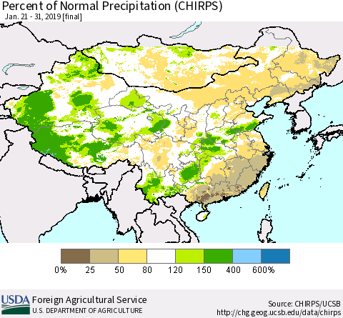 China and Taiwan Percent of Normal Precipitation (CHIRPS) Thematic Map For 1/21/2019 - 1/31/2019