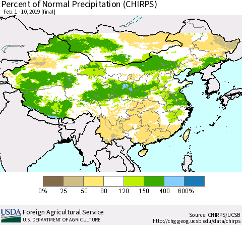 China, Mongolia and Taiwan Percent of Normal Precipitation (CHIRPS) Thematic Map For 2/1/2019 - 2/10/2019