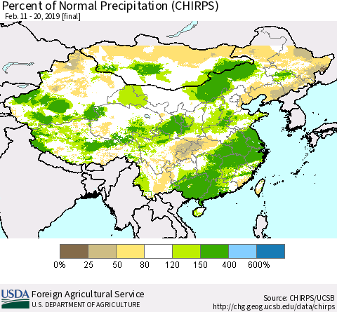China, Mongolia and Taiwan Percent of Normal Precipitation (CHIRPS) Thematic Map For 2/11/2019 - 2/20/2019