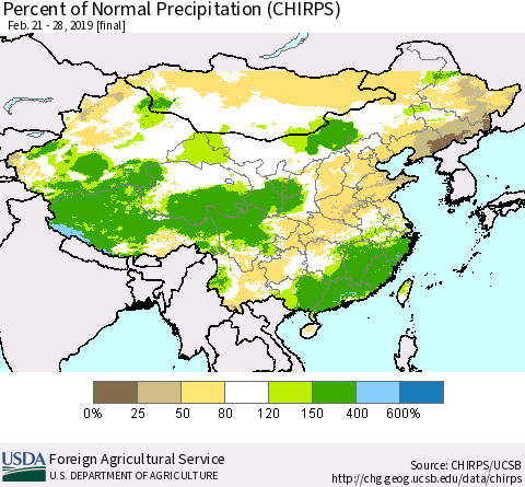 China, Mongolia and Taiwan Percent of Normal Precipitation (CHIRPS) Thematic Map For 2/21/2019 - 2/28/2019
