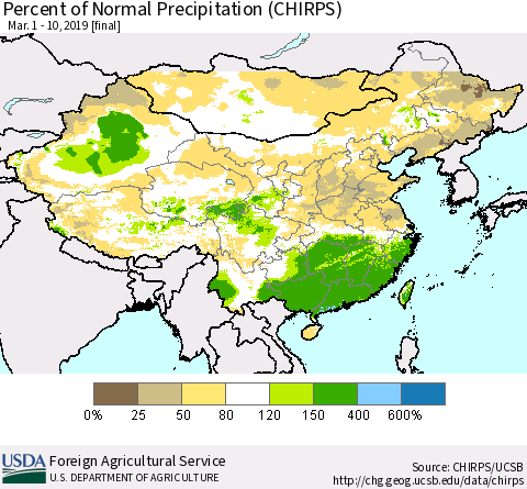 China, Mongolia and Taiwan Percent of Normal Precipitation (CHIRPS) Thematic Map For 3/1/2019 - 3/10/2019