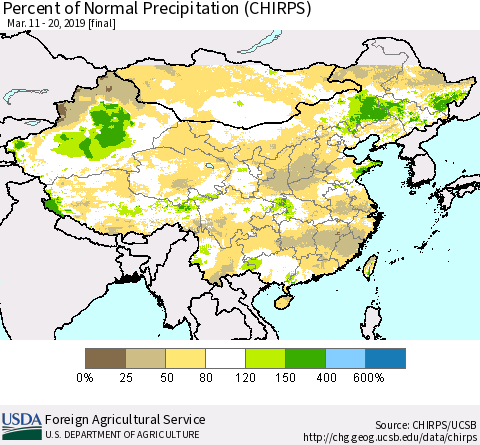 China, Mongolia and Taiwan Percent of Normal Precipitation (CHIRPS) Thematic Map For 3/11/2019 - 3/20/2019