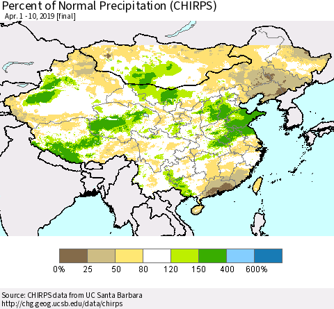 China and Taiwan Percent of Normal Precipitation (CHIRPS) Thematic Map For 4/1/2019 - 4/10/2019