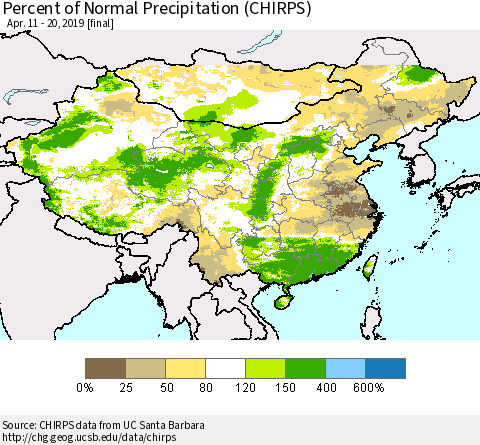 China and Taiwan Percent of Normal Precipitation (CHIRPS) Thematic Map For 4/11/2019 - 4/20/2019