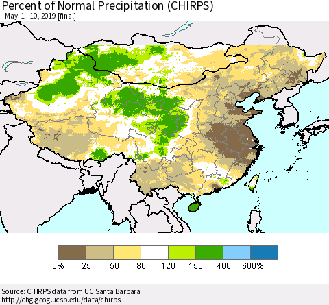 China and Taiwan Percent of Normal Precipitation (CHIRPS) Thematic Map For 5/1/2019 - 5/10/2019