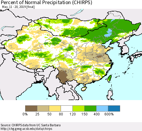 China and Taiwan Percent of Normal Precipitation (CHIRPS) Thematic Map For 5/11/2019 - 5/20/2019