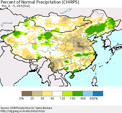 China and Taiwan Percent of Normal Precipitation (CHIRPS) Thematic Map For 5/21/2019 - 5/31/2019