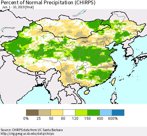 China, Mongolia and Taiwan Percent of Normal Precipitation (CHIRPS) Thematic Map For 6/1/2019 - 6/10/2019