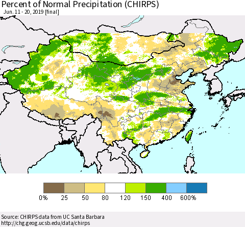 China and Taiwan Percent of Normal Precipitation (CHIRPS) Thematic Map For 6/11/2019 - 6/20/2019