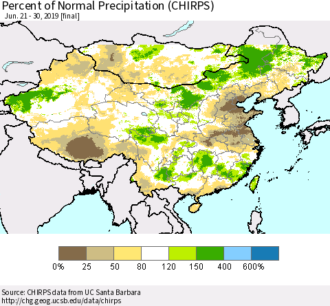 China, Mongolia and Taiwan Percent of Normal Precipitation (CHIRPS) Thematic Map For 6/21/2019 - 6/30/2019