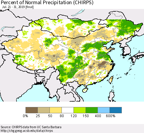 China and Taiwan Percent of Normal Precipitation (CHIRPS) Thematic Map For 7/21/2019 - 7/31/2019