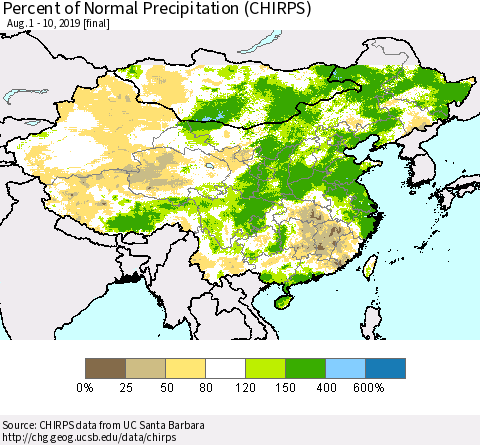 China and Taiwan Percent of Normal Precipitation (CHIRPS) Thematic Map For 8/1/2019 - 8/10/2019