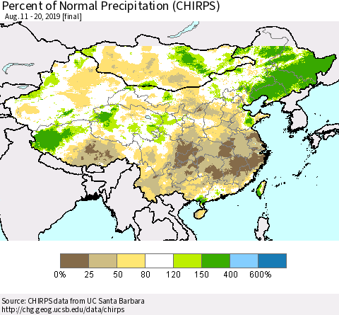 China and Taiwan Percent of Normal Precipitation (CHIRPS) Thematic Map For 8/11/2019 - 8/20/2019