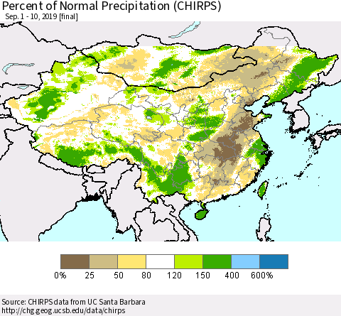 China, Mongolia and Taiwan Percent of Normal Precipitation (CHIRPS) Thematic Map For 9/1/2019 - 9/10/2019