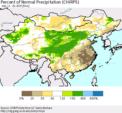 China and Taiwan Percent of Normal Precipitation (CHIRPS) Thematic Map For 9/11/2019 - 9/20/2019