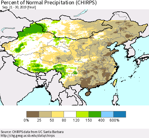 China and Taiwan Percent of Normal Precipitation (CHIRPS) Thematic Map For 9/21/2019 - 9/30/2019