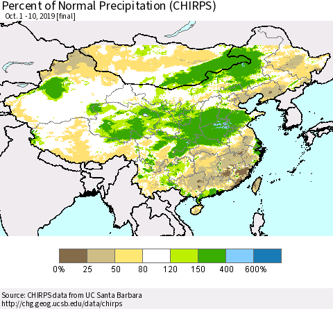 China and Taiwan Percent of Normal Precipitation (CHIRPS) Thematic Map For 10/1/2019 - 10/10/2019