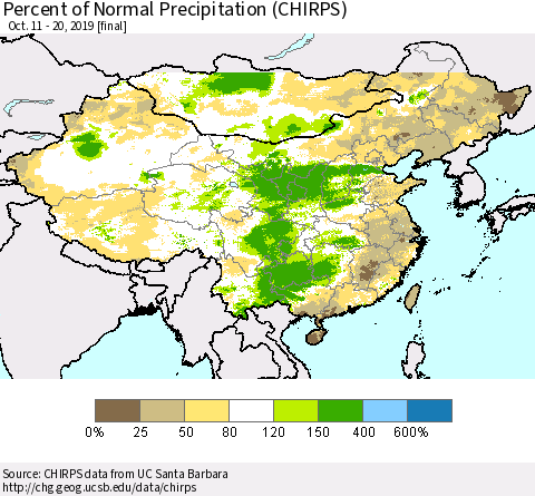 China and Taiwan Percent of Normal Precipitation (CHIRPS) Thematic Map For 10/11/2019 - 10/20/2019