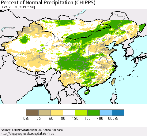 China and Taiwan Percent of Normal Precipitation (CHIRPS) Thematic Map For 10/21/2019 - 10/31/2019