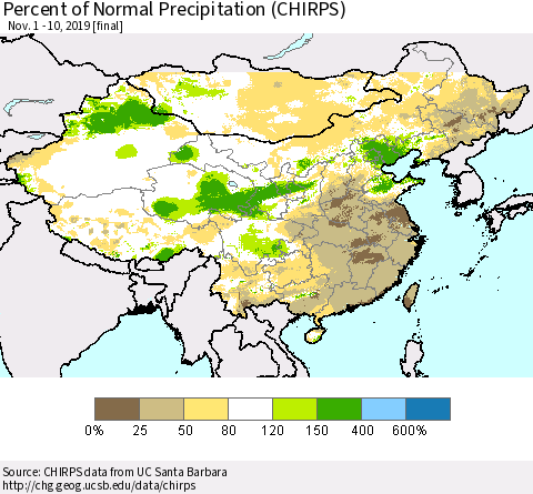 China and Taiwan Percent of Normal Precipitation (CHIRPS) Thematic Map For 11/1/2019 - 11/10/2019