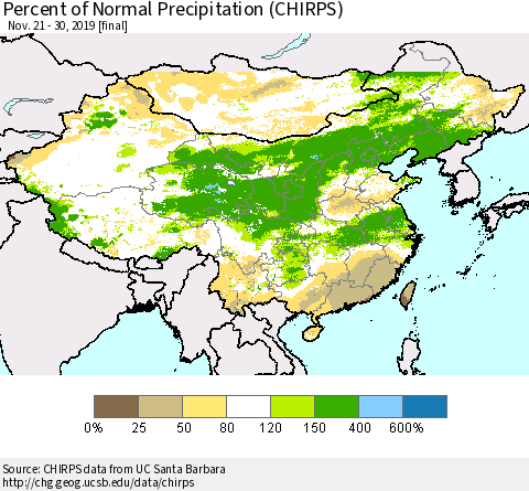China and Taiwan Percent of Normal Precipitation (CHIRPS) Thematic Map For 11/21/2019 - 11/30/2019