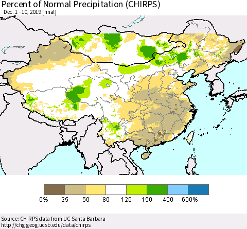China and Taiwan Percent of Normal Precipitation (CHIRPS) Thematic Map For 12/1/2019 - 12/10/2019