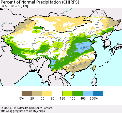 China and Taiwan Percent of Normal Precipitation (CHIRPS) Thematic Map For 1/1/2020 - 1/10/2020