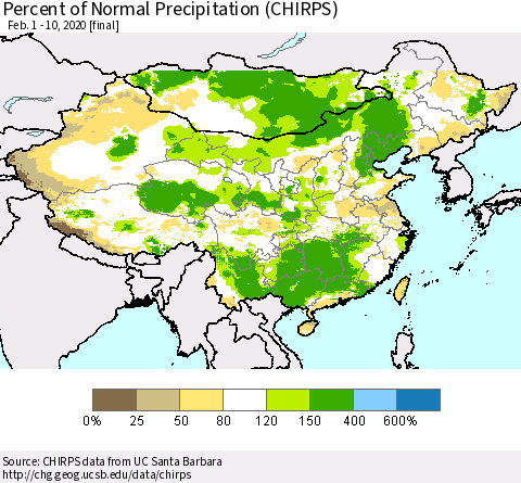 China and Taiwan Percent of Normal Precipitation (CHIRPS) Thematic Map For 2/1/2020 - 2/10/2020