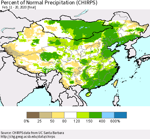 China, Mongolia and Taiwan Percent of Normal Precipitation (CHIRPS) Thematic Map For 2/11/2020 - 2/20/2020
