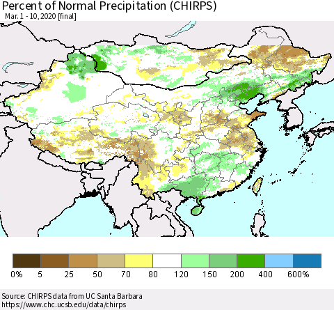 China and Taiwan Percent of Normal Precipitation (CHIRPS) Thematic Map For 3/1/2020 - 3/10/2020
