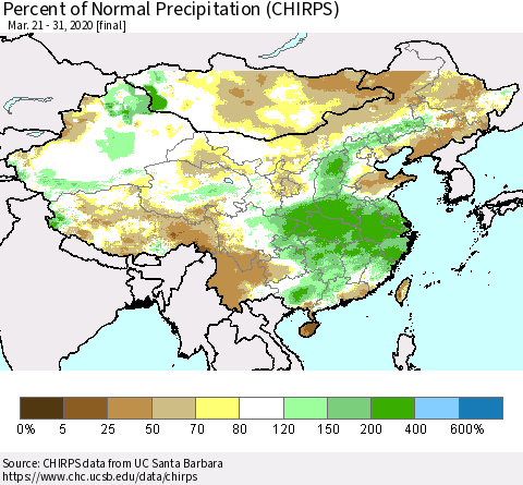 China and Taiwan Percent of Normal Precipitation (CHIRPS) Thematic Map For 3/21/2020 - 3/31/2020