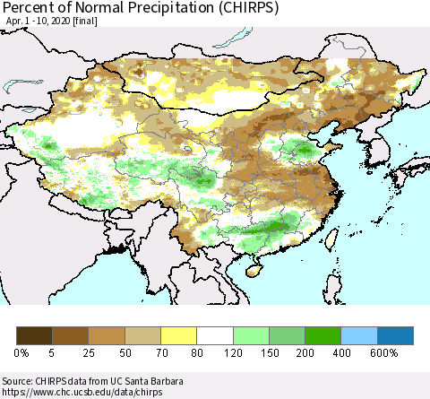 China, Mongolia and Taiwan Percent of Normal Precipitation (CHIRPS) Thematic Map For 4/1/2020 - 4/10/2020