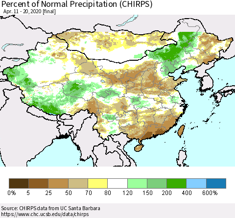 China and Taiwan Percent of Normal Precipitation (CHIRPS) Thematic Map For 4/11/2020 - 4/20/2020