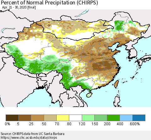China, Mongolia and Taiwan Percent of Normal Precipitation (CHIRPS) Thematic Map For 4/21/2020 - 4/30/2020