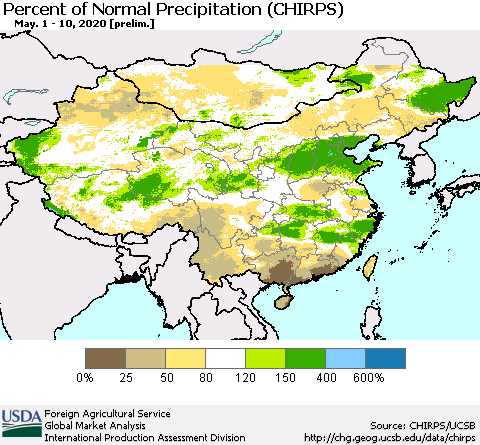 China and Taiwan Percent of Normal Precipitation (CHIRPS) Thematic Map For 5/1/2020 - 5/10/2020
