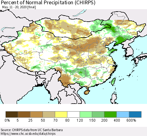 China, Mongolia and Taiwan Percent of Normal Precipitation (CHIRPS) Thematic Map For 5/11/2020 - 5/20/2020