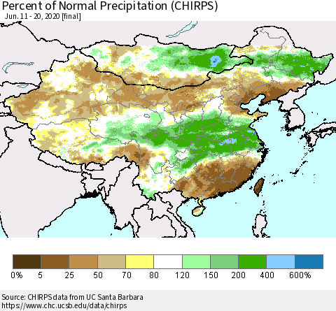China and Taiwan Percent of Normal Precipitation (CHIRPS) Thematic Map For 6/11/2020 - 6/20/2020