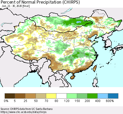 China and Taiwan Percent of Normal Precipitation (CHIRPS) Thematic Map For 6/21/2020 - 6/30/2020