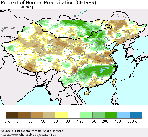 China and Taiwan Percent of Normal Precipitation (CHIRPS) Thematic Map For 7/1/2020 - 7/10/2020