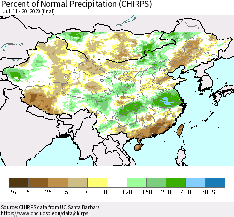 China and Taiwan Percent of Normal Precipitation (CHIRPS) Thematic Map For 7/11/2020 - 7/20/2020