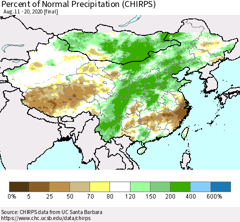 China, Mongolia and Taiwan Percent of Normal Precipitation (CHIRPS) Thematic Map For 8/11/2020 - 8/20/2020