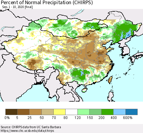 China and Taiwan Percent of Normal Precipitation (CHIRPS) Thematic Map For 9/1/2020 - 9/10/2020