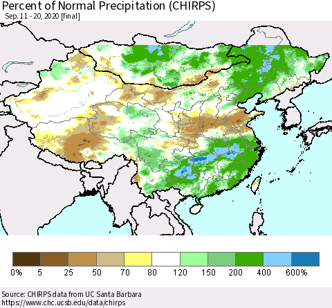 China and Taiwan Percent of Normal Precipitation (CHIRPS) Thematic Map For 9/11/2020 - 9/20/2020