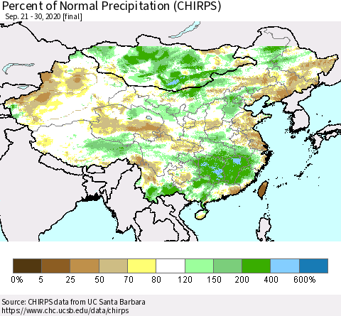 China and Taiwan Percent of Normal Precipitation (CHIRPS) Thematic Map For 9/21/2020 - 9/30/2020
