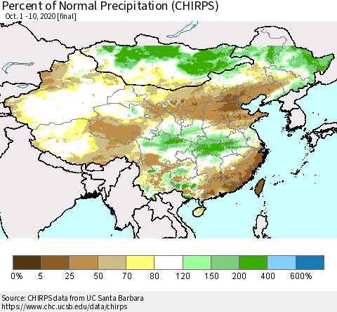 China, Mongolia and Taiwan Percent of Normal Precipitation (CHIRPS) Thematic Map For 10/1/2020 - 10/10/2020