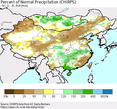 China and Taiwan Percent of Normal Precipitation (CHIRPS) Thematic Map For 10/11/2020 - 10/20/2020