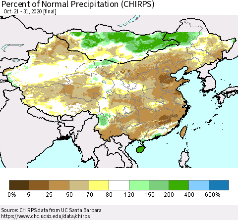 China and Taiwan Percent of Normal Precipitation (CHIRPS) Thematic Map For 10/21/2020 - 10/31/2020