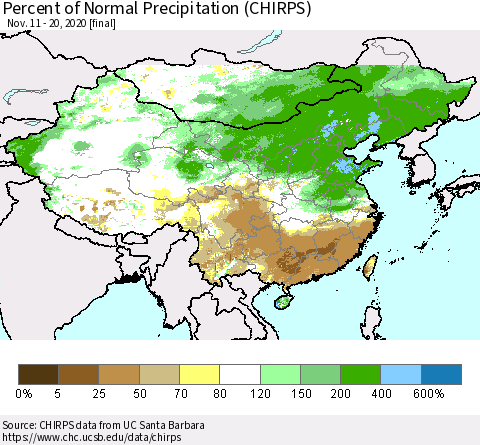 China and Taiwan Percent of Normal Precipitation (CHIRPS) Thematic Map For 11/11/2020 - 11/20/2020