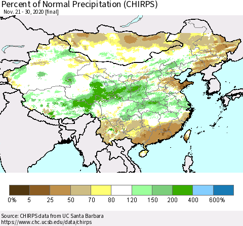 China and Taiwan Percent of Normal Precipitation (CHIRPS) Thematic Map For 11/21/2020 - 11/30/2020