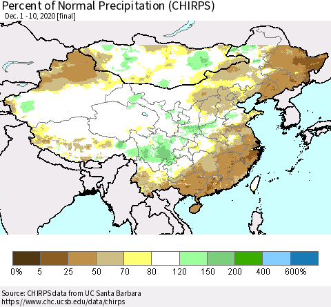 China and Taiwan Percent of Normal Precipitation (CHIRPS) Thematic Map For 12/1/2020 - 12/10/2020